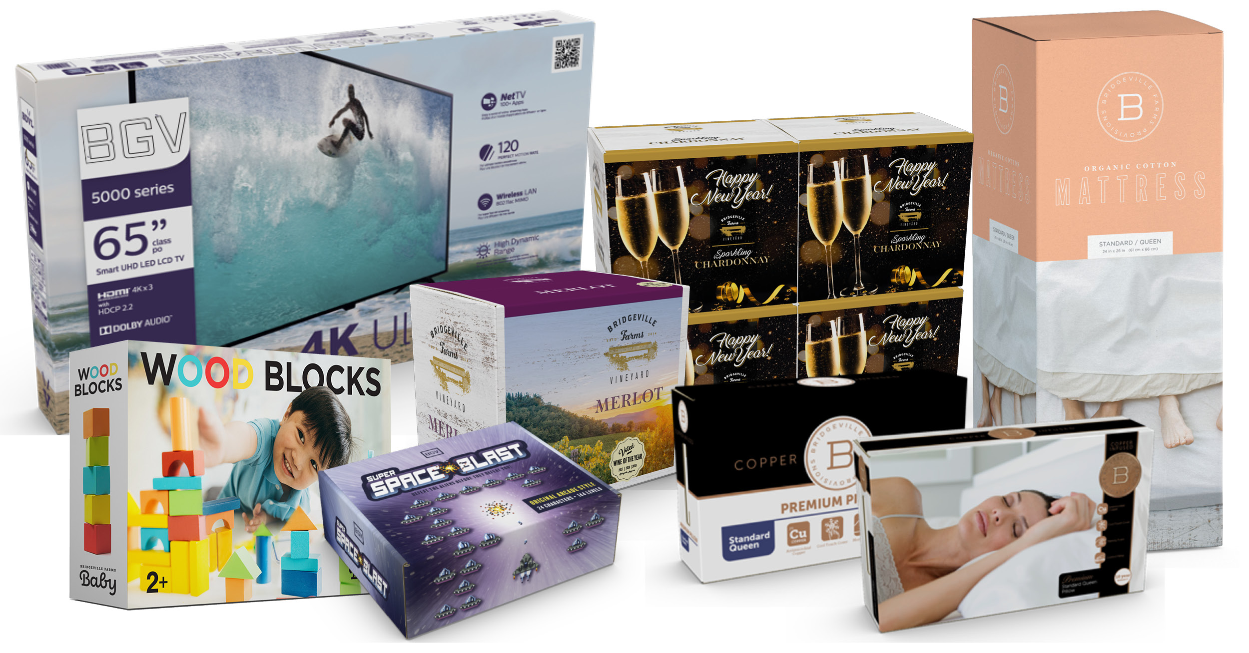 Various corrugated boxes with digitally printed graphics.