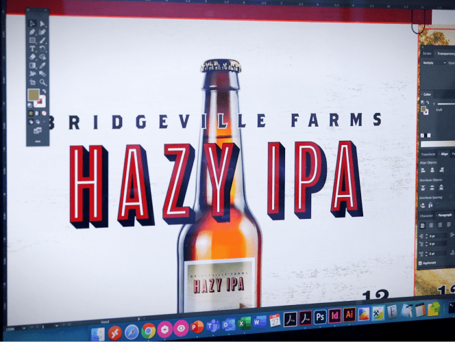 Bridgeville Farms beer corrugated box design on a computer screen.